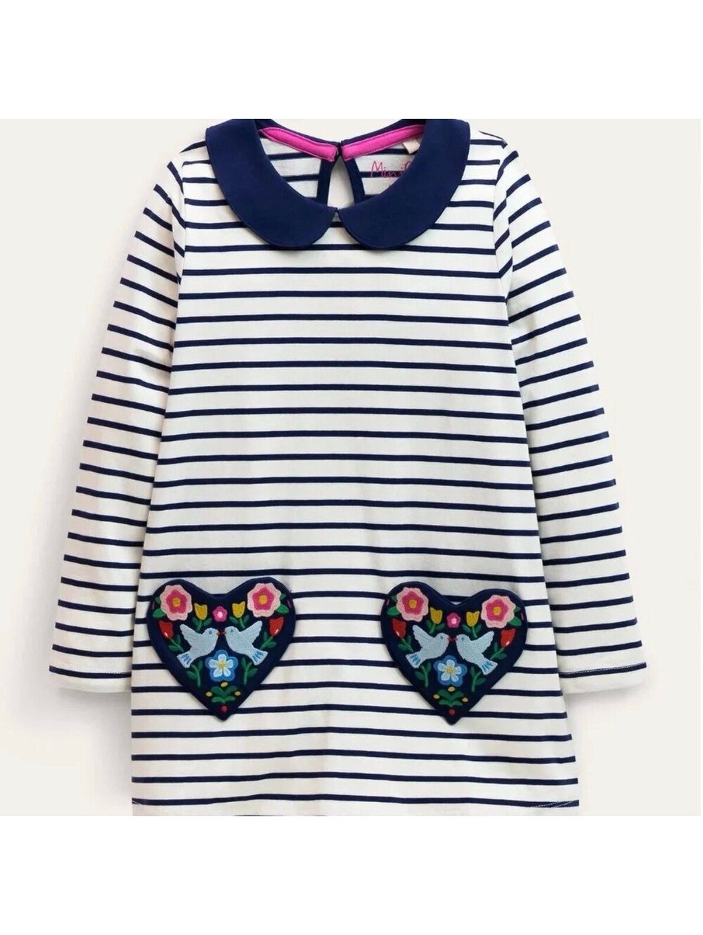 Mini Boden Striped Long Sleeve Dress w/ Peter Pan Collar & Heart Appliqués, 2T